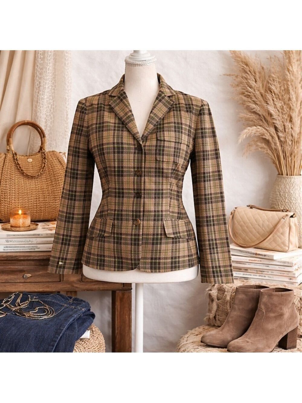 Theory Plaid Blazer Size 4 • Brown Neutral Tailored Jacket